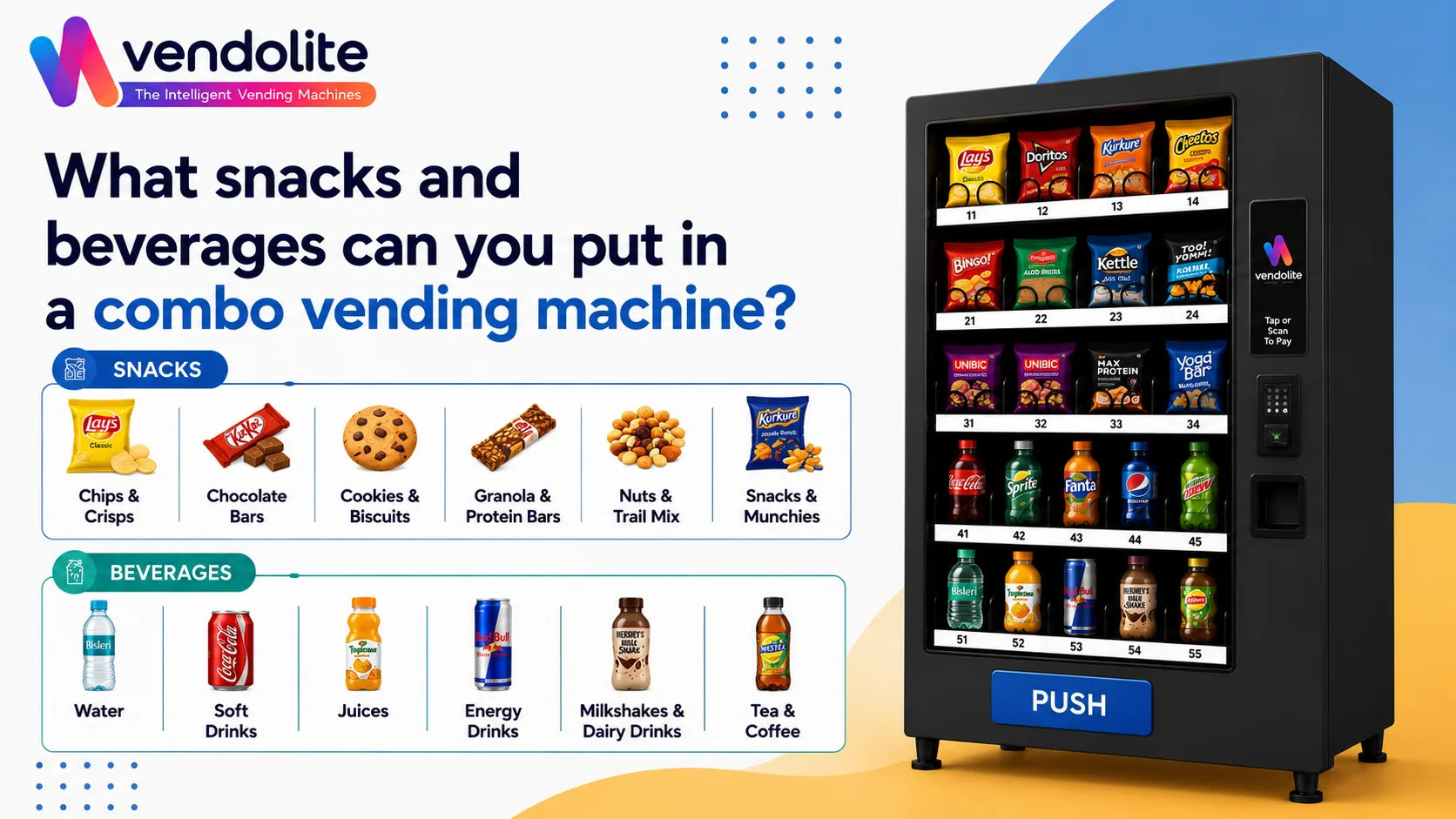 Combo vending machines stocked with snacks on top and chilled beverages below